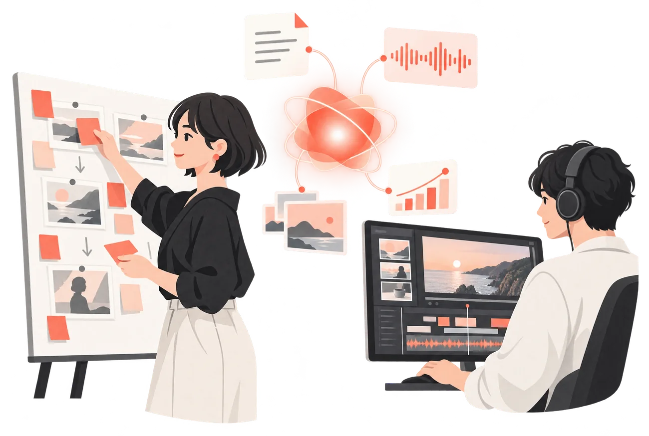 企画担当者と動画編集者が、AIを活用しながら動画を作るイラスト